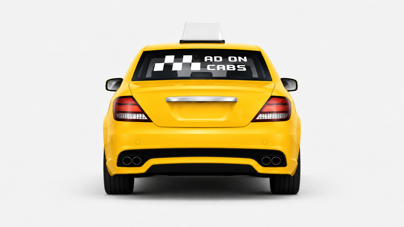 Rear view of an Ad On Cabs yellow taxi