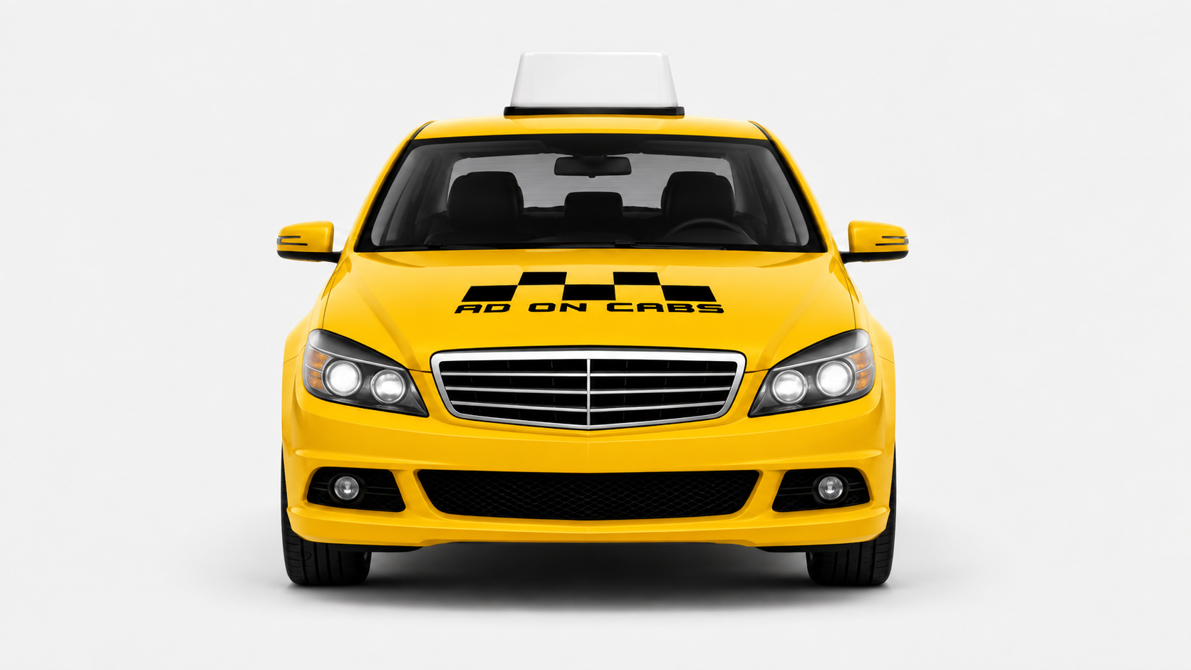 Front view of an Ad On Cabs yellow taxi