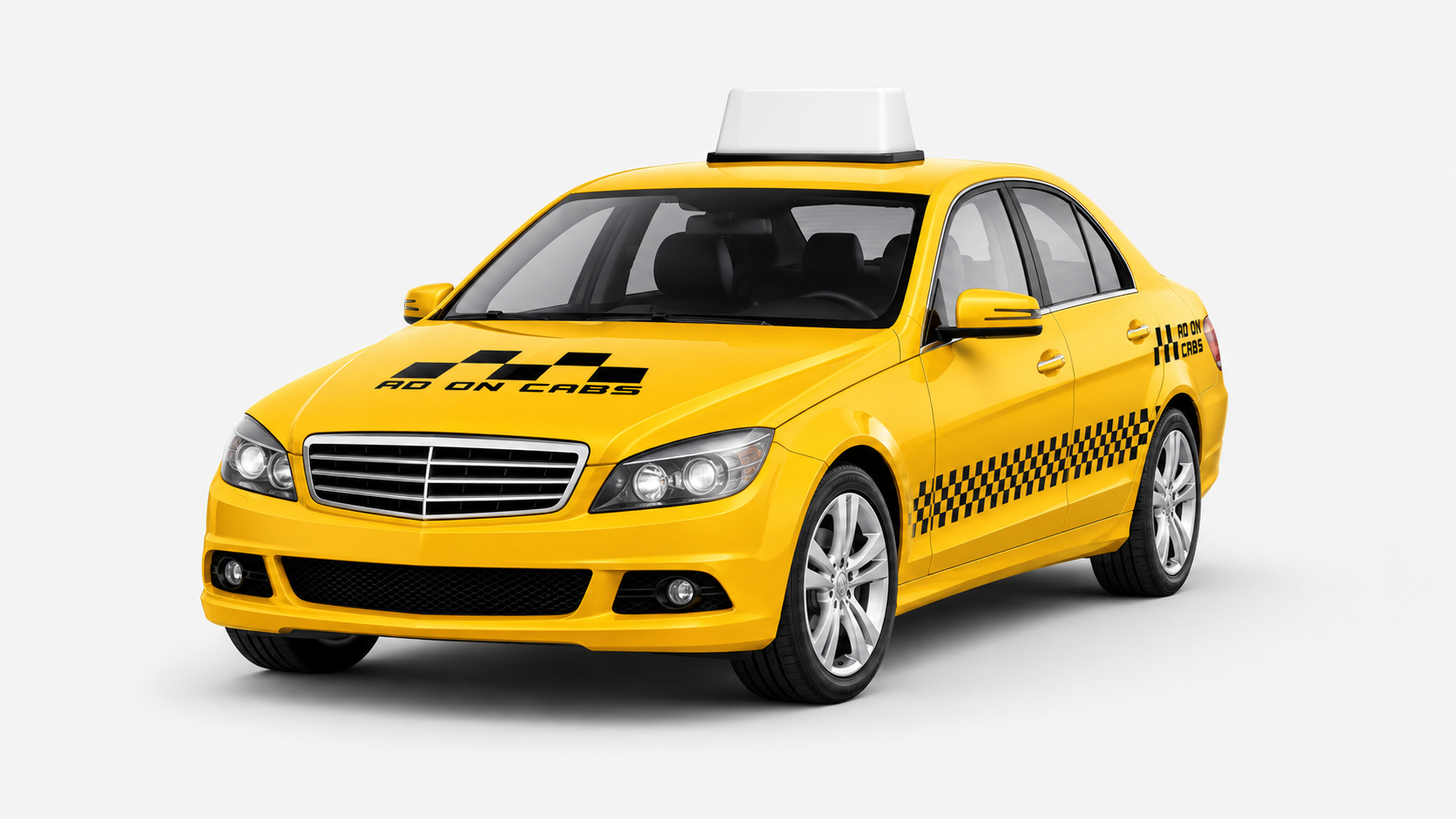 Front three-quarter view of an Ad On Cabs yellow taxi