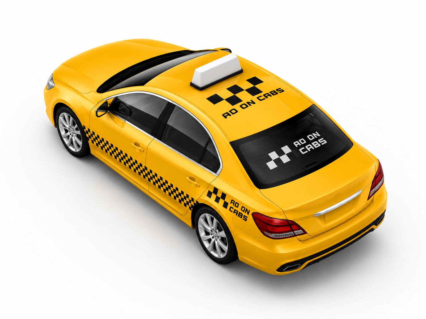 Rear three-quarter view of an Ad On Cabs yellow taxi